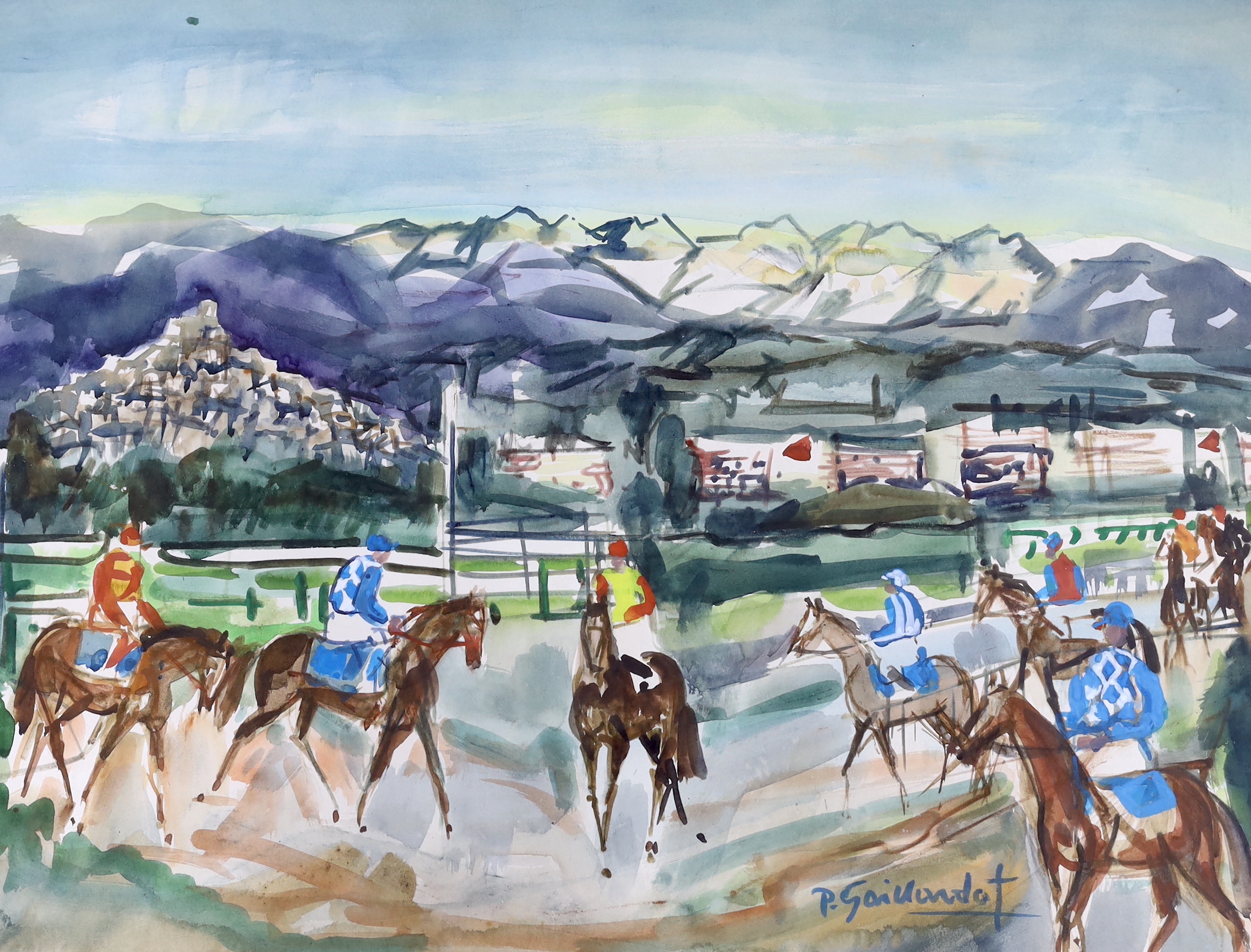 Pierre Gaillardot (French, 1910-2002), watercolour, Racehorses before the start, signed, 45 x 60cm